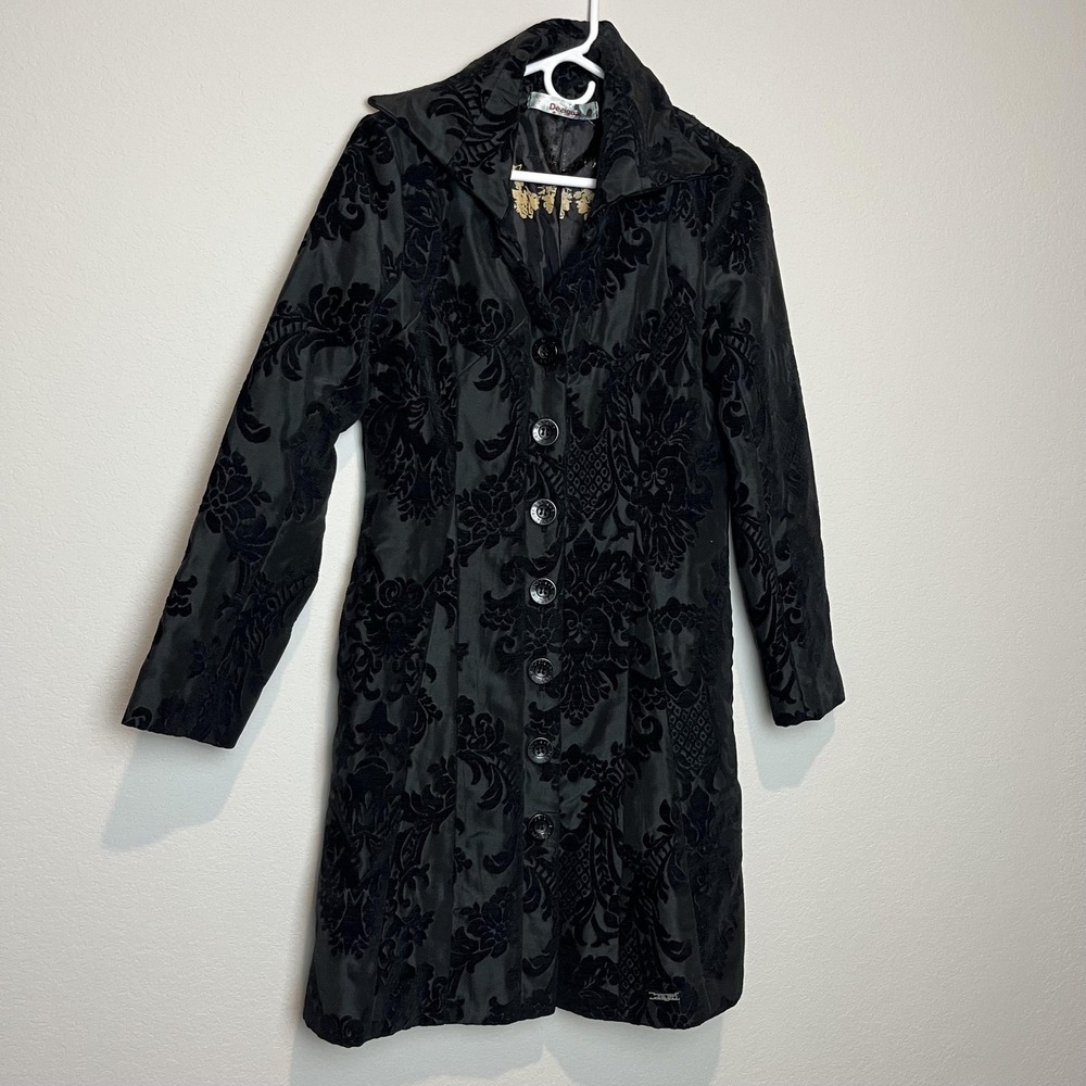Desigual Coat Womens 40 Black Velvet Floral Damask Long Button Front Overcoat